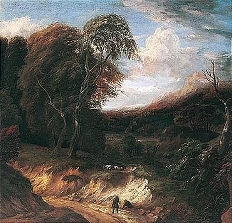 Un paesaggio boscoso con figure appoggiate su un sentiero